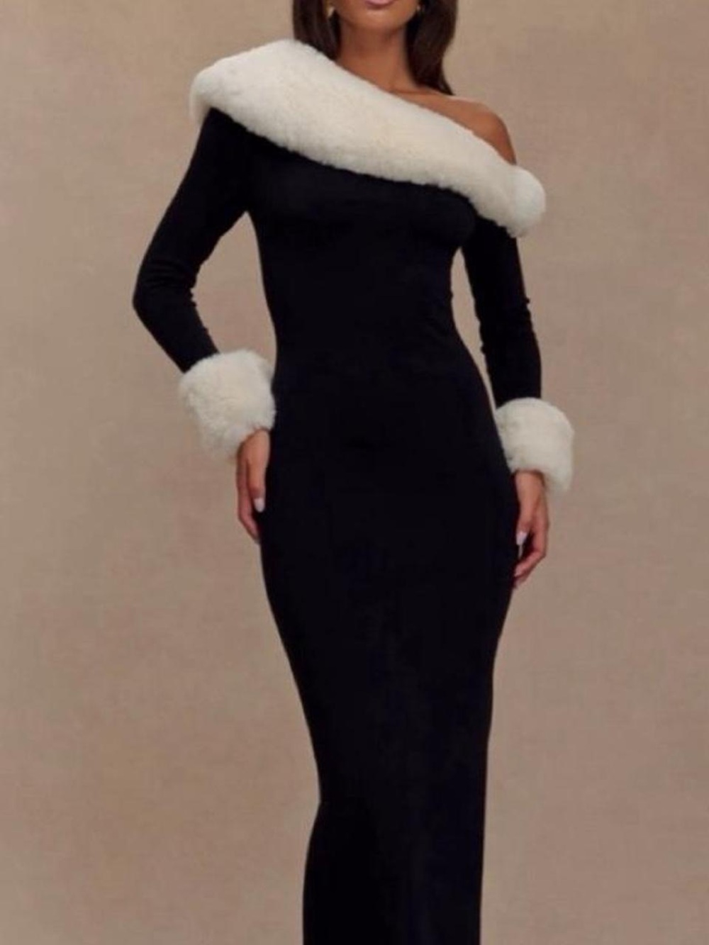 Meshki One-Shoulder Black Dress with White Fur Trim